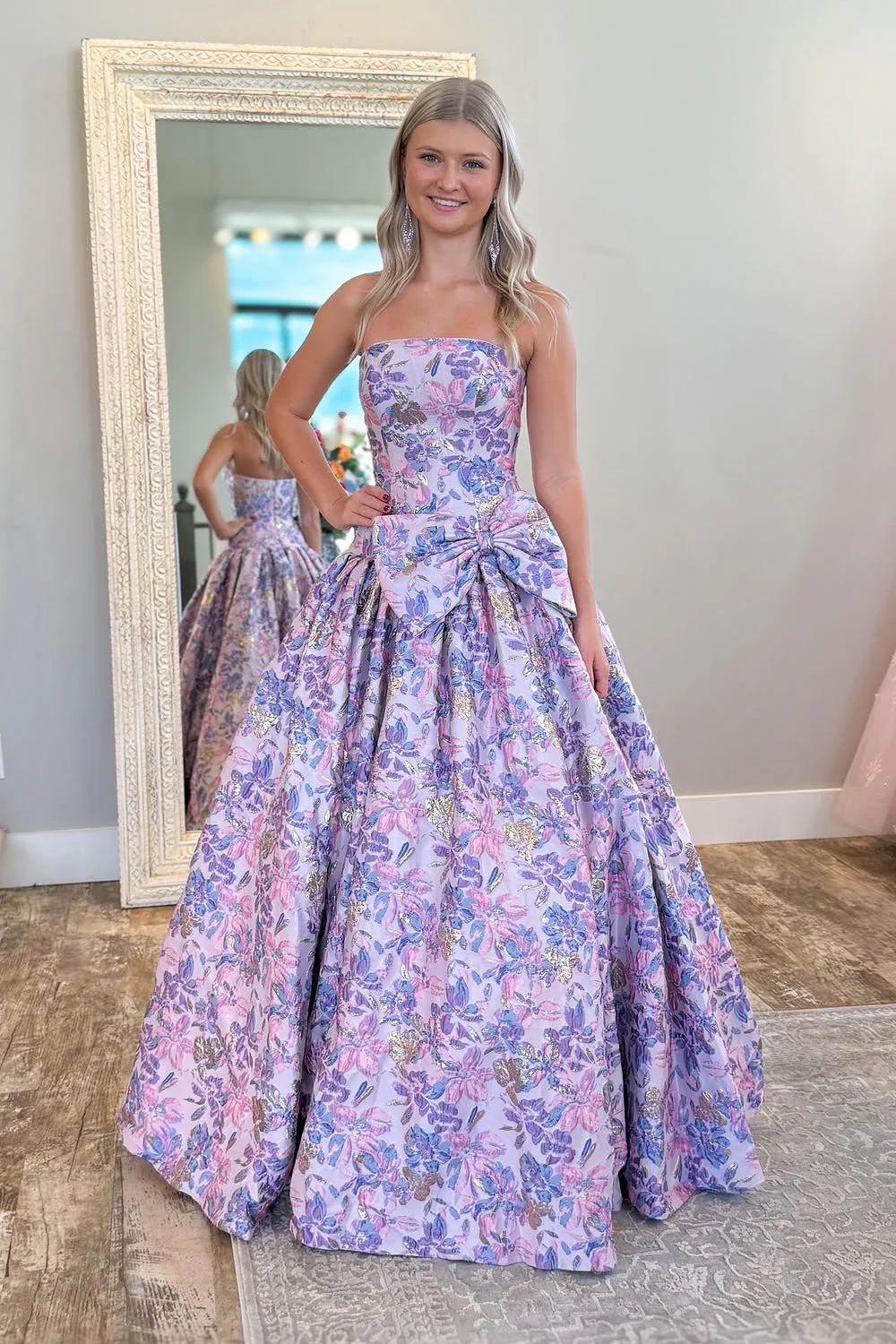 Cute A Line Strapless Laveder Jacquard Satin Prom Dress