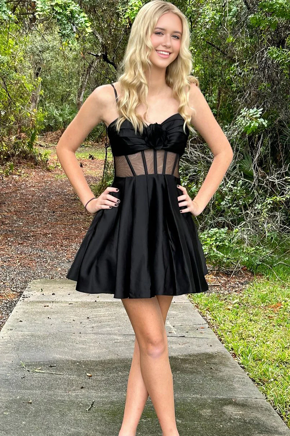 Cute A Line Straps Black Satin Short Homecoming Dresses with Bow
