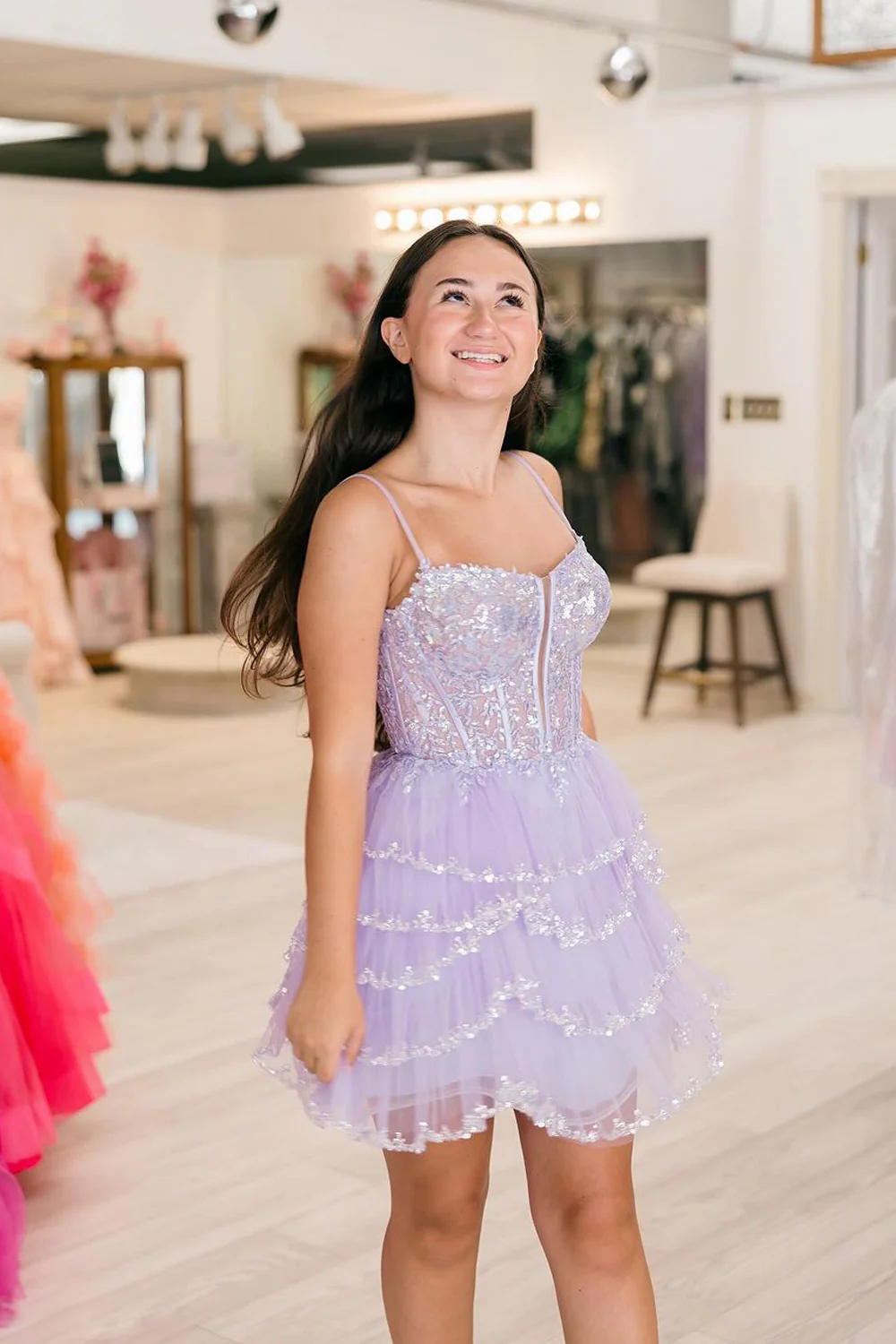 Cute A Line V Neck Lavender Tiered Tulle Beaded Homecoming Dresses