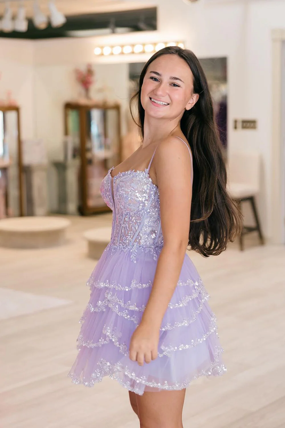 Cute A Line V Neck Lavender Tiered Tulle Beaded Homecoming Dresses