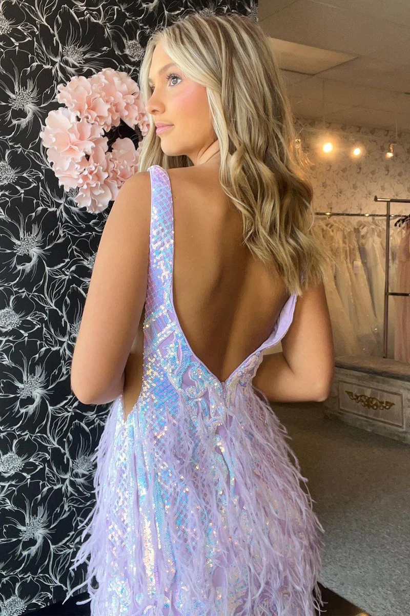 Cute Bodycon V Neck Lavender Sequins Lace Short Homecoming Dress with Feather
