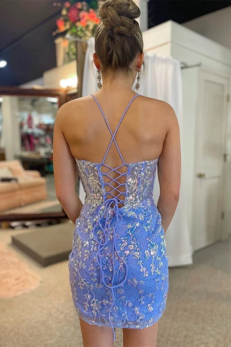 Cute Bodycon V Neck Light Blue Sequins Short Homecoming Dresses