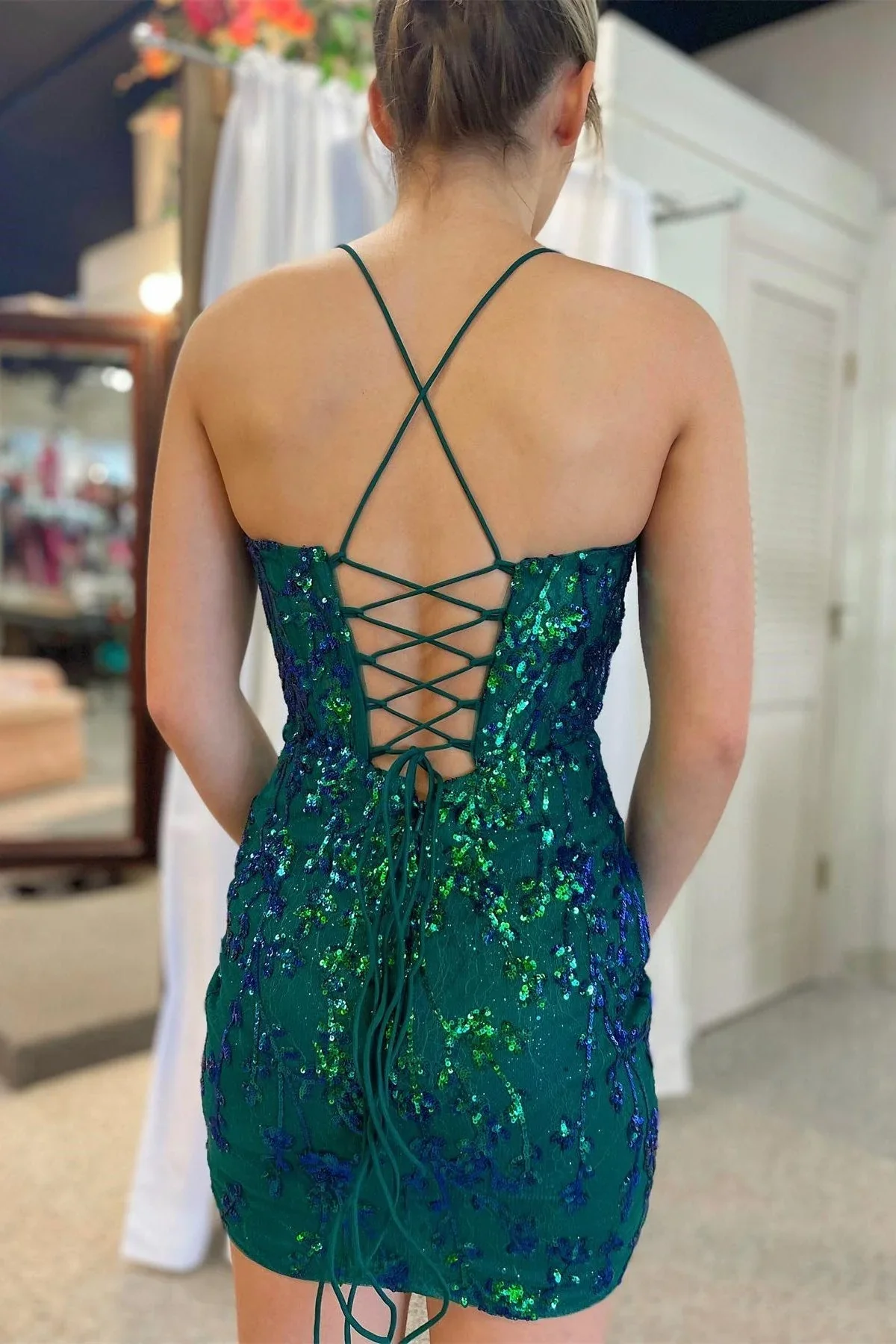 Cute Bodycon V Neck Light Blue Sequins Short Homecoming Dresses