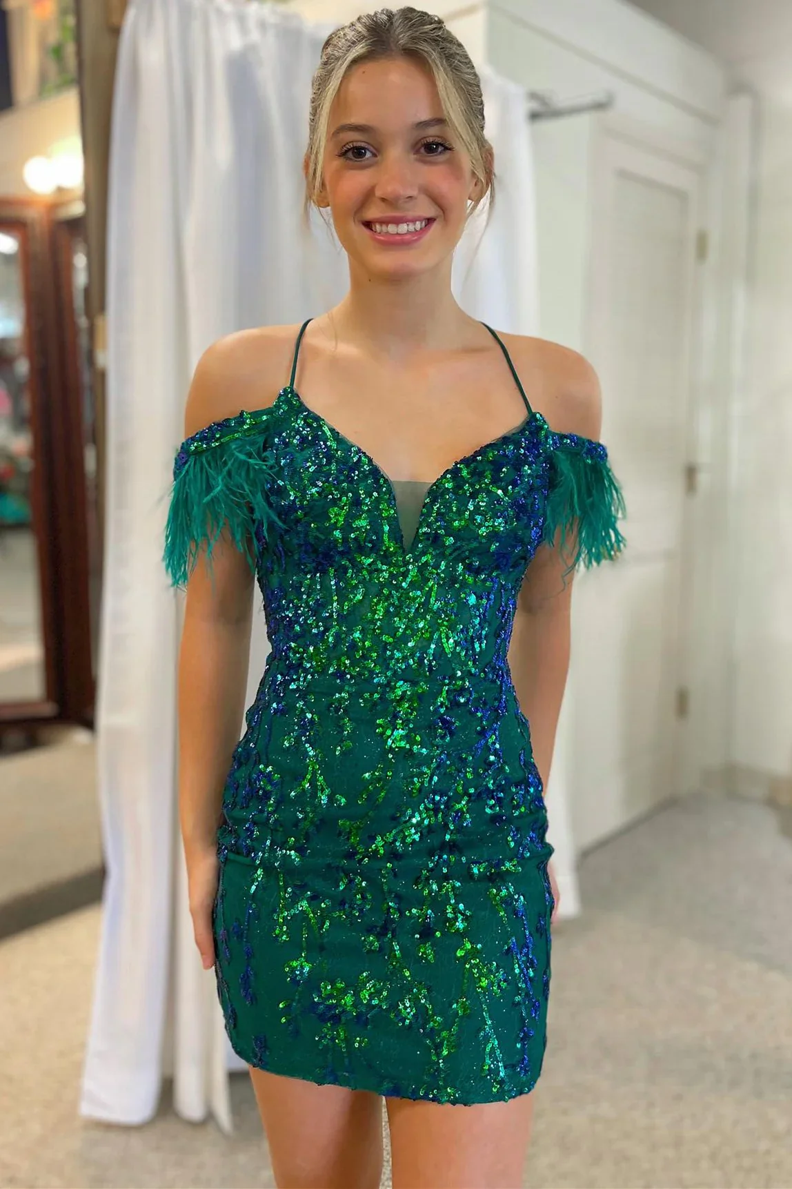 Cute Bodycon V Neck Light Blue Sequins Short Homecoming Dresses