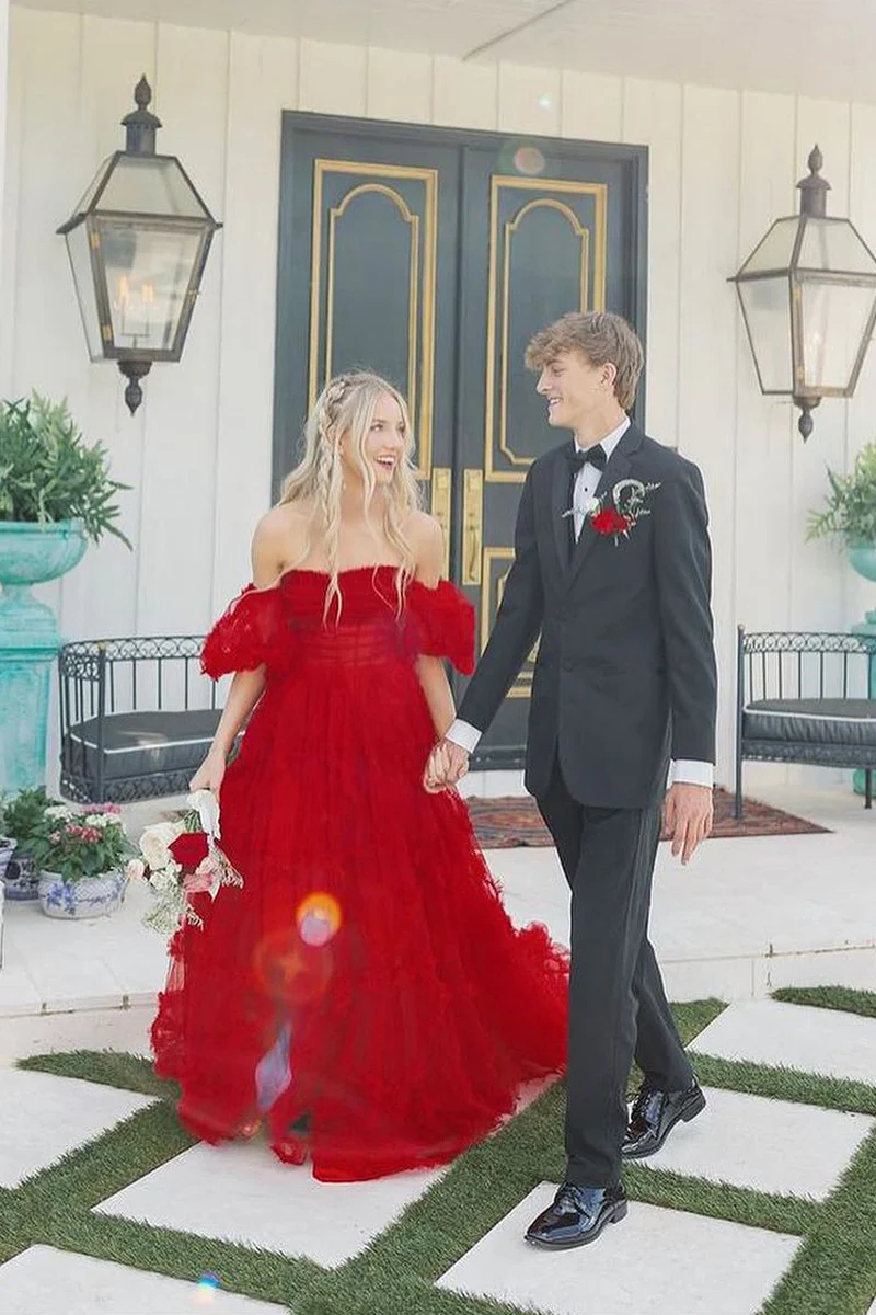 Cute Red Strapless Ruffle Tiered Tulle Prom Dresses with Sleeves