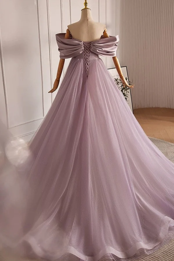 Elegant A-Line Off Shoulder Sleeveless Bpw Knot Beaded Tulle Prom Dress Party Gown Evening Dress Formal Gown