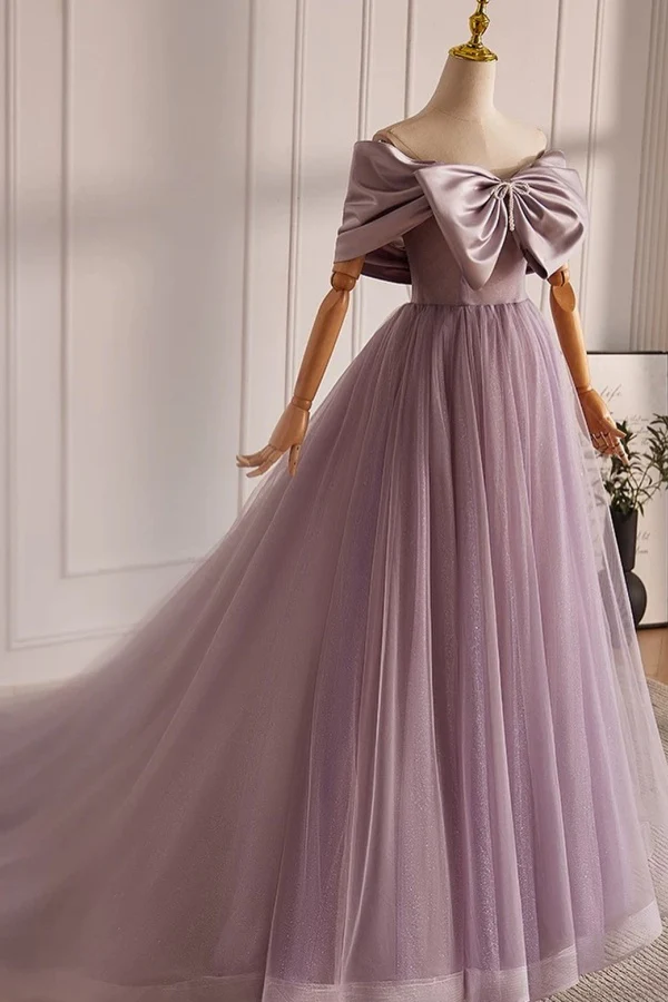 Elegant A-Line Off Shoulder Sleeveless Bpw Knot Beaded Tulle Prom Dress Party Gown Evening Dress Formal Gown