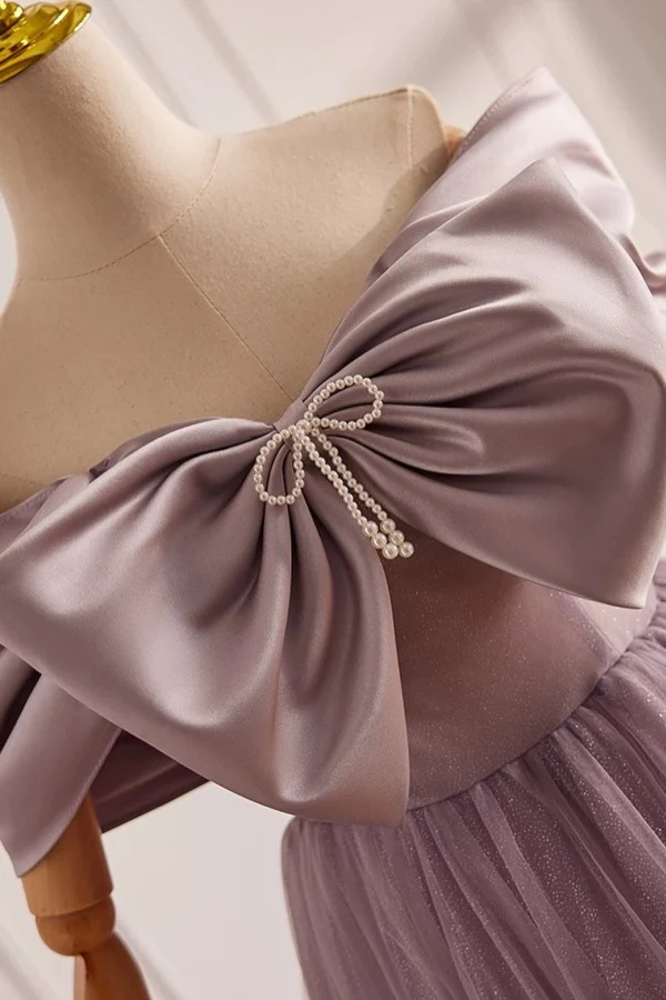 Elegant A-Line Off Shoulder Sleeveless Bpw Knot Beaded Tulle Prom Dress Party Gown Evening Dress Formal Gown
