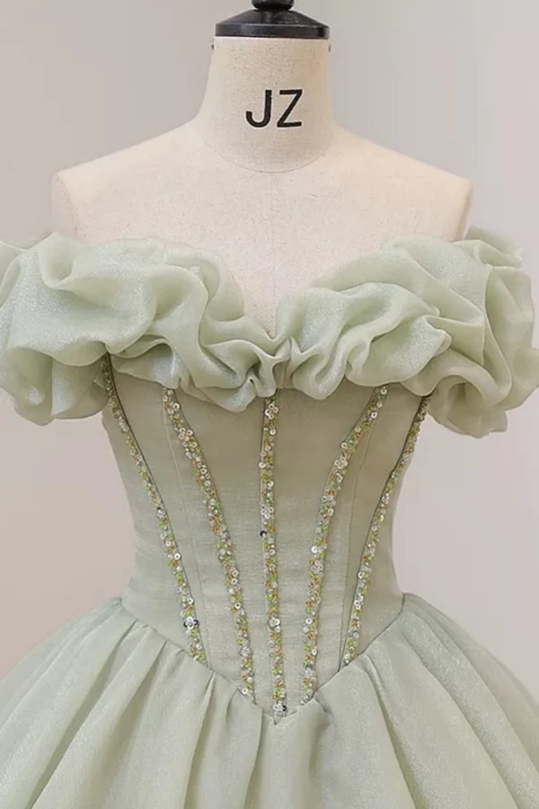 Elegant A-Line Off Shoulder Sleeveless Ruched Beaded Pleated Floor Length Lace Up Prom Dress Evening Gown Formal Dress