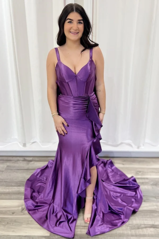 Elegant Mermaid V Neck Straps Sleeveless Pleated Ruffles Prom Party Dress Open Back Bow Knot High Side Slit and Train Evening Formal Gown