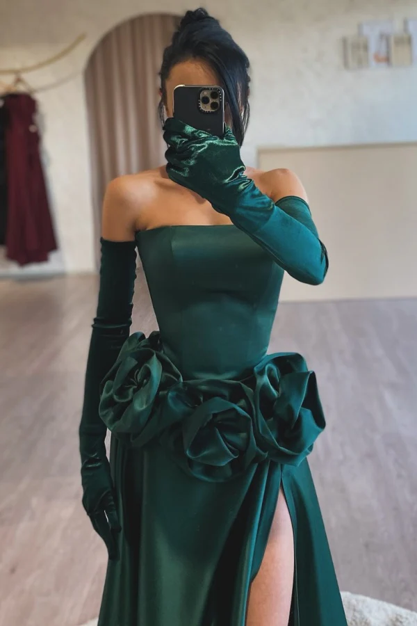 Elegant Sheath Strapless Sleeveles Long Gloves Big Flowers High Side Slit and Train Prom Party Dress Evening Formal Gown Wedding Guest Dress