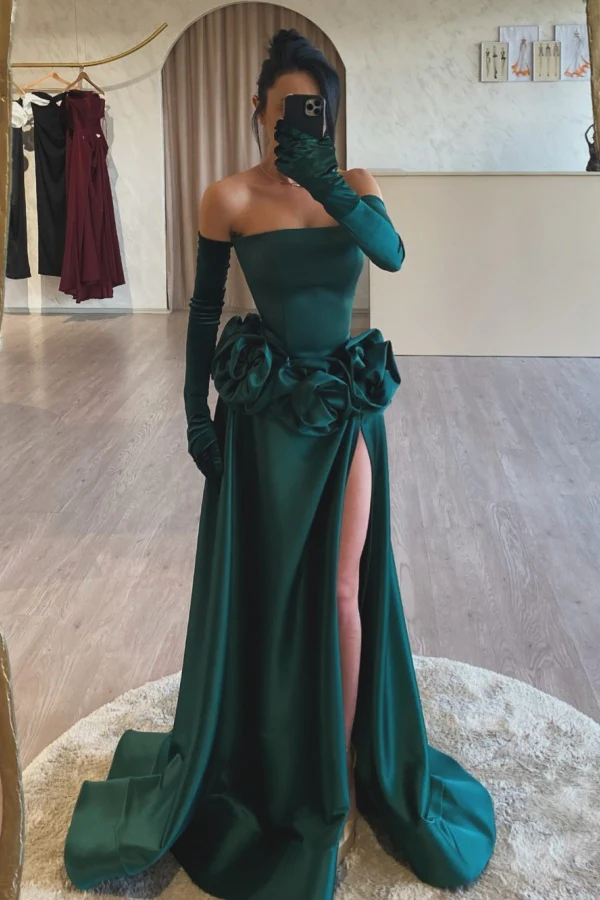 Elegant Sheath Strapless Sleeveles Long Gloves Big Flowers High Side Slit and Train Prom Party Dress Evening Formal Gown Wedding Guest Dress
