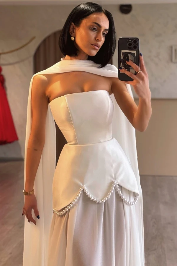 Elegant Sheath Strapless Sleeveless Pleated Pearls Beaded Chiffon Prom Party Dress Evening Gown Formal Dress Cocktail Dress