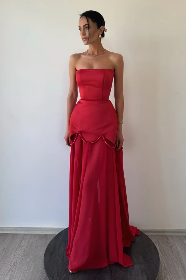 Elegant Sheath Strapless Sleeveless Pleated Pearls Beaded Chiffon Prom Party Dress Evening Gown Formal Dress Cocktail Dress
