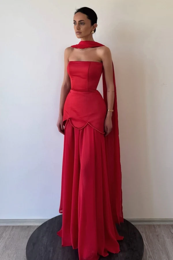 Elegant Sheath Strapless Sleeveless Pleated Pearls Beaded Chiffon Prom Party Dress Evening Gown Formal Dress Cocktail Dress