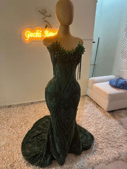 Emerald  Mermaid Long Vintage Prom Party Dresses Unique Evening Dress