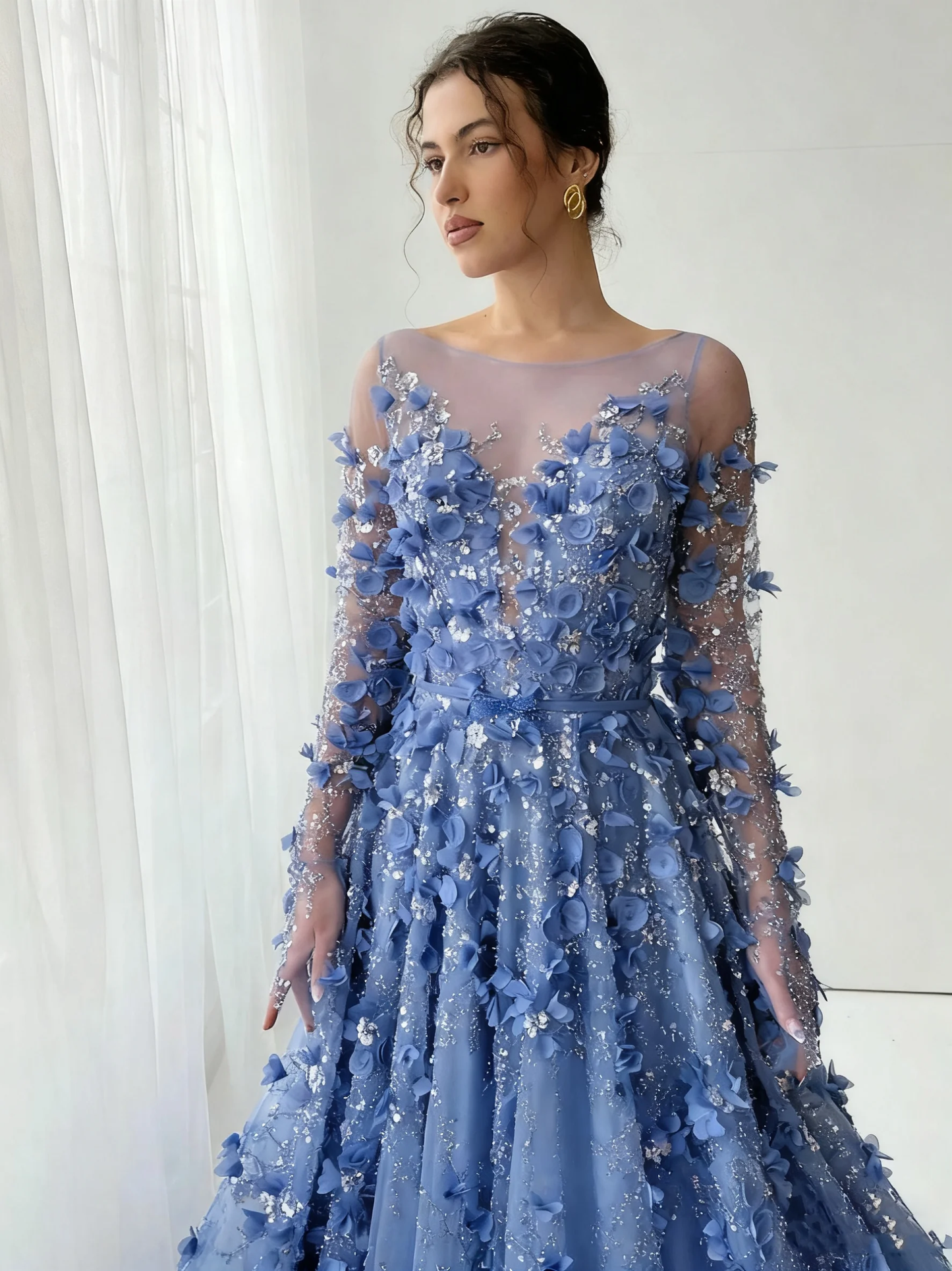 Exquisite 3D Decal Lace Ball Dress Phantom Long Sleeve Round Neck Birthday Party Dress A-line Formal Dress Custom