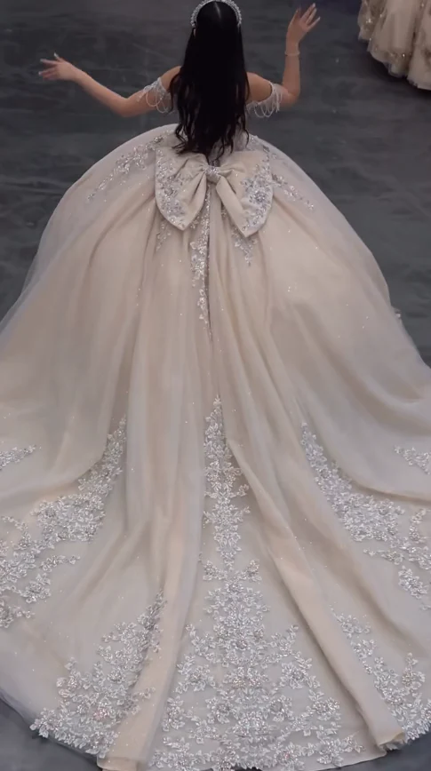 Fairy Off-the-Shoulder Ball Gown Tiered Gauze Appliqué Long Quinceanera Dress Formal Gowns Sweet 16 Dress