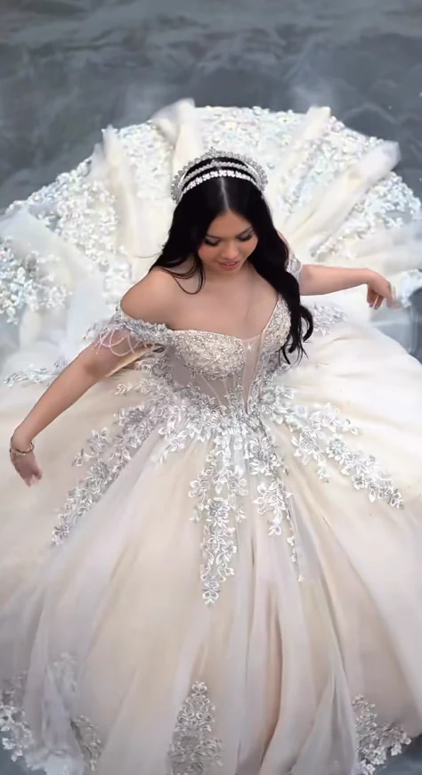 Fairy Off-the-Shoulder Ball Gown Tiered Gauze Appliqué Long Quinceanera Dress Formal Gowns Sweet 16 Dress