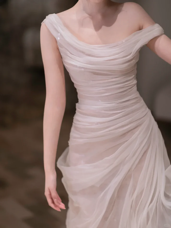 Flowy A Line Off the Shoulder Pleated Tulle Prom Dress Evening Dress