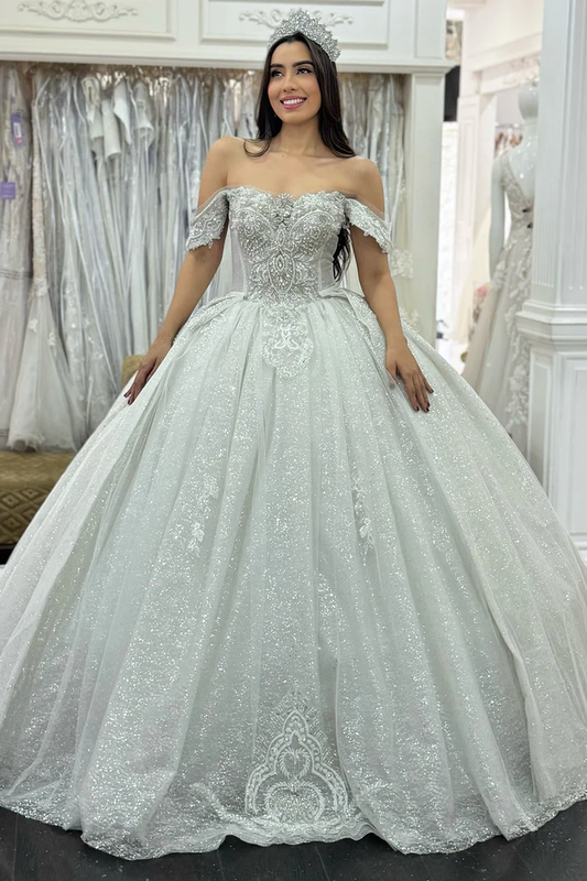 Glittery Sequin Beaded Off Shoulder Wedding Dresses Princess Bride Wedding Gowns