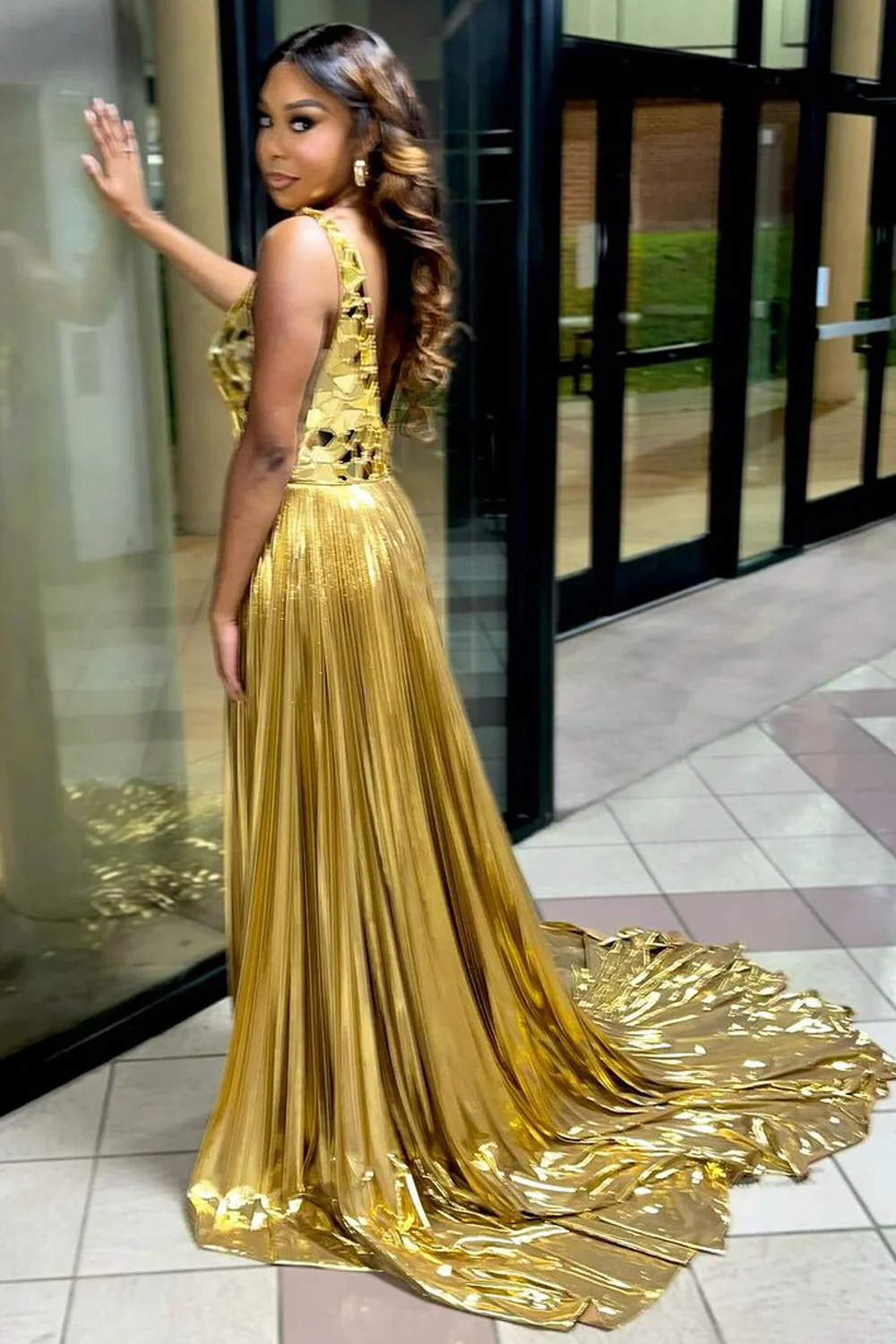 Gold A Line V Neck Beaded Pleated Prom Dresses with Slit