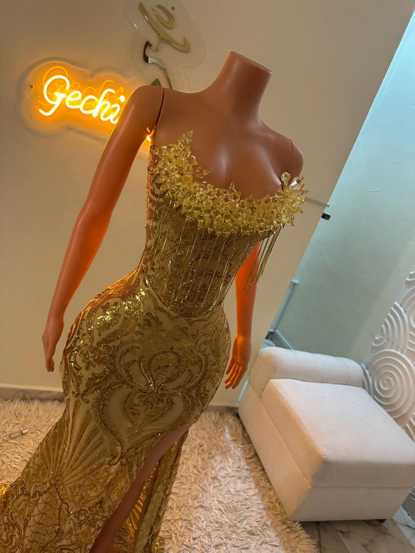 Gold Mermaid Long Vintage Prom Party Dresses Unique Evening Dress