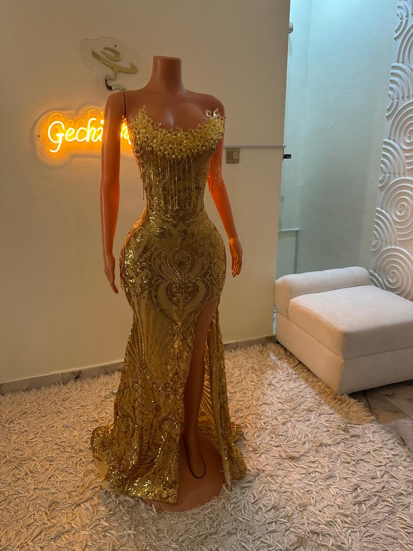 Gold Mermaid Long Vintage Prom Party Dresses Unique Evening Dress