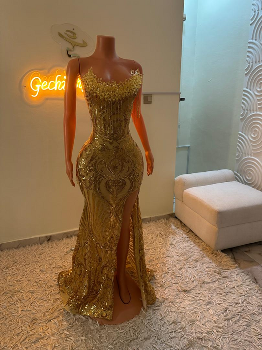 Gold Mermaid Long Vintage Prom Party Dresses Unique Evening Dress