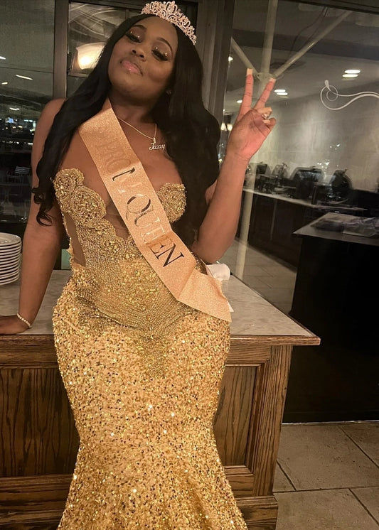 Gold Sequins Mermaid Prom Dress For Black Girls Crystal Rhinestone Beaded Party Gala Gown