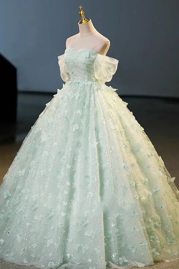 Gorgeous A-Line Off Shoulder Sleeveless Pleated 3D Butterflies Appliques Prom Party Dress Evening Formal Gown Birthday Party Dress