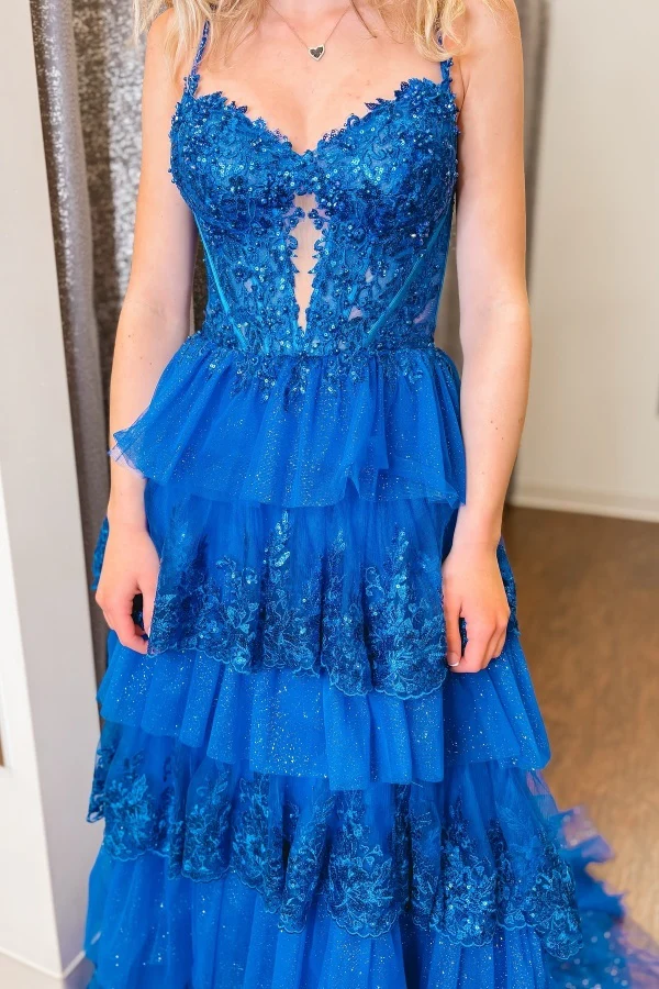 Gorgeous A-Line Sweetheart Neck Spaghetti Straps Sleeveless Prom Party Dress Sequins Lace Appliques Tiered High Side Slit and Train Evening Party Gown