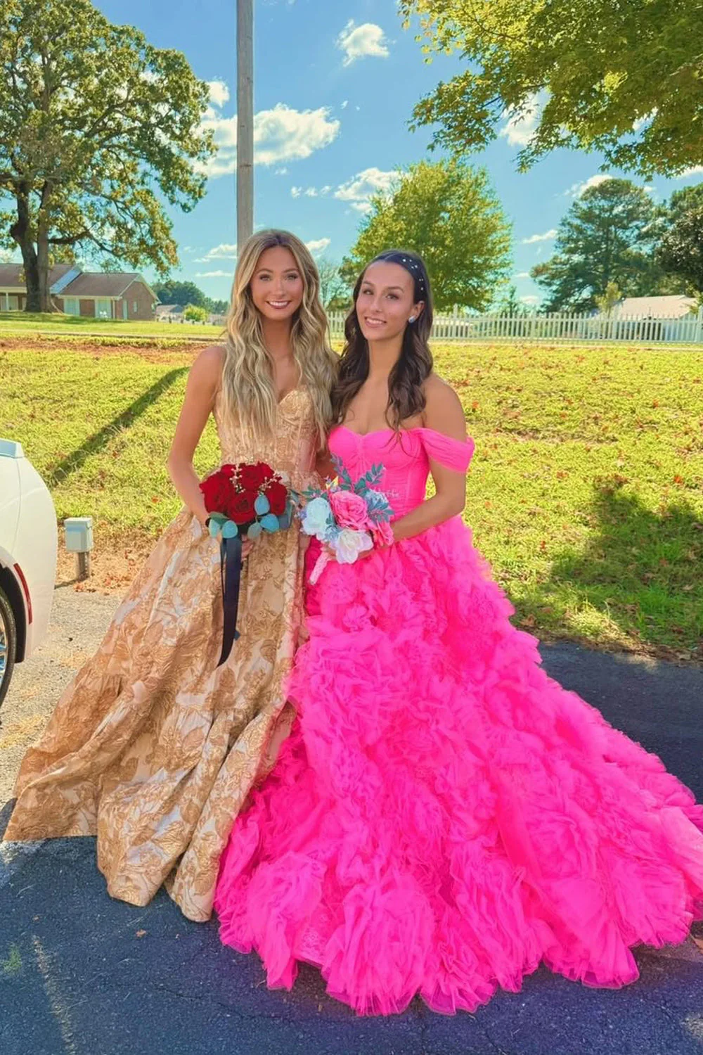 Gorgeous A Line Off the Shoulder Pink Tulle Tiered Prom Dress