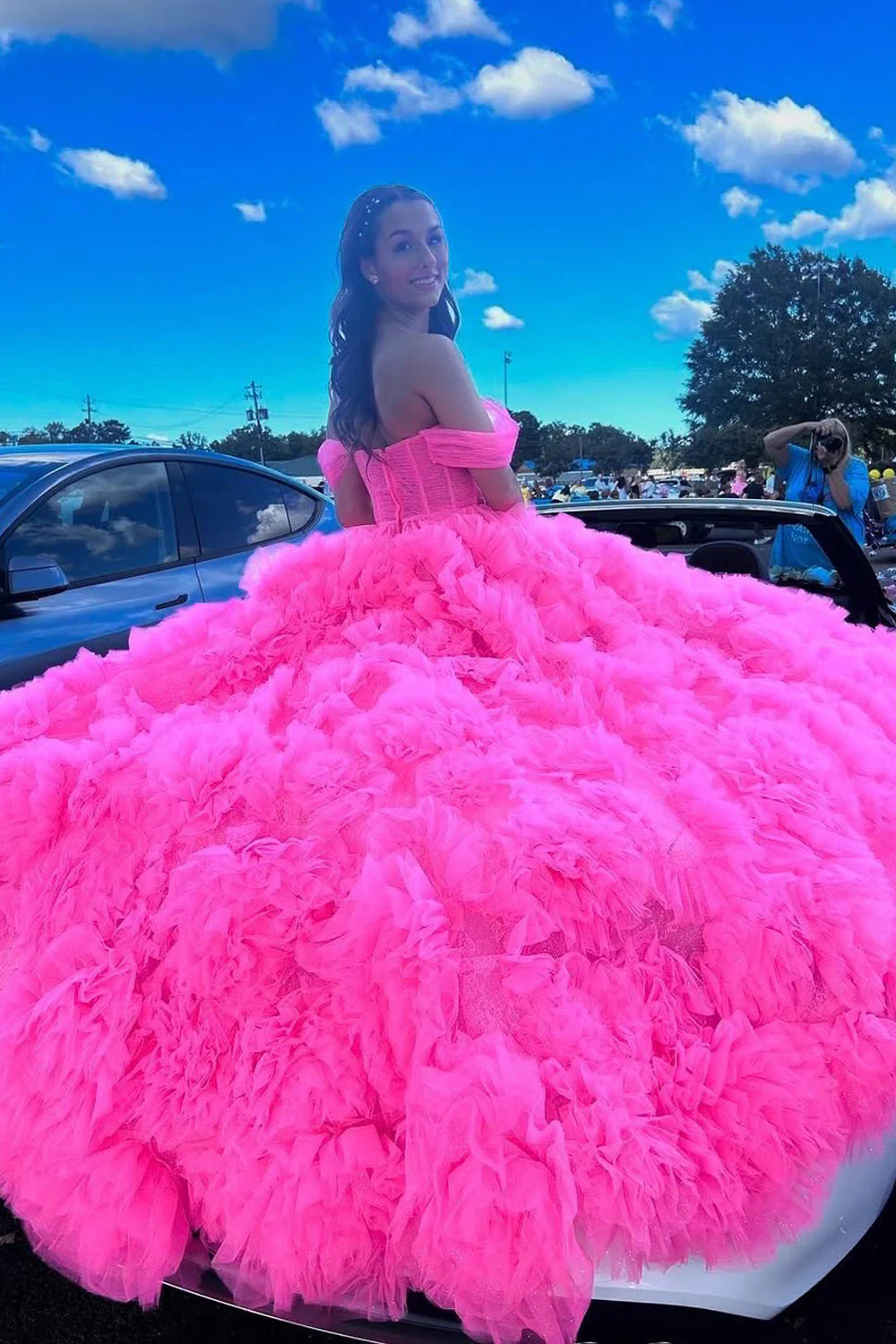 Gorgeous A Line Off the Shoulder Pink Tulle Tiered Prom Dress
