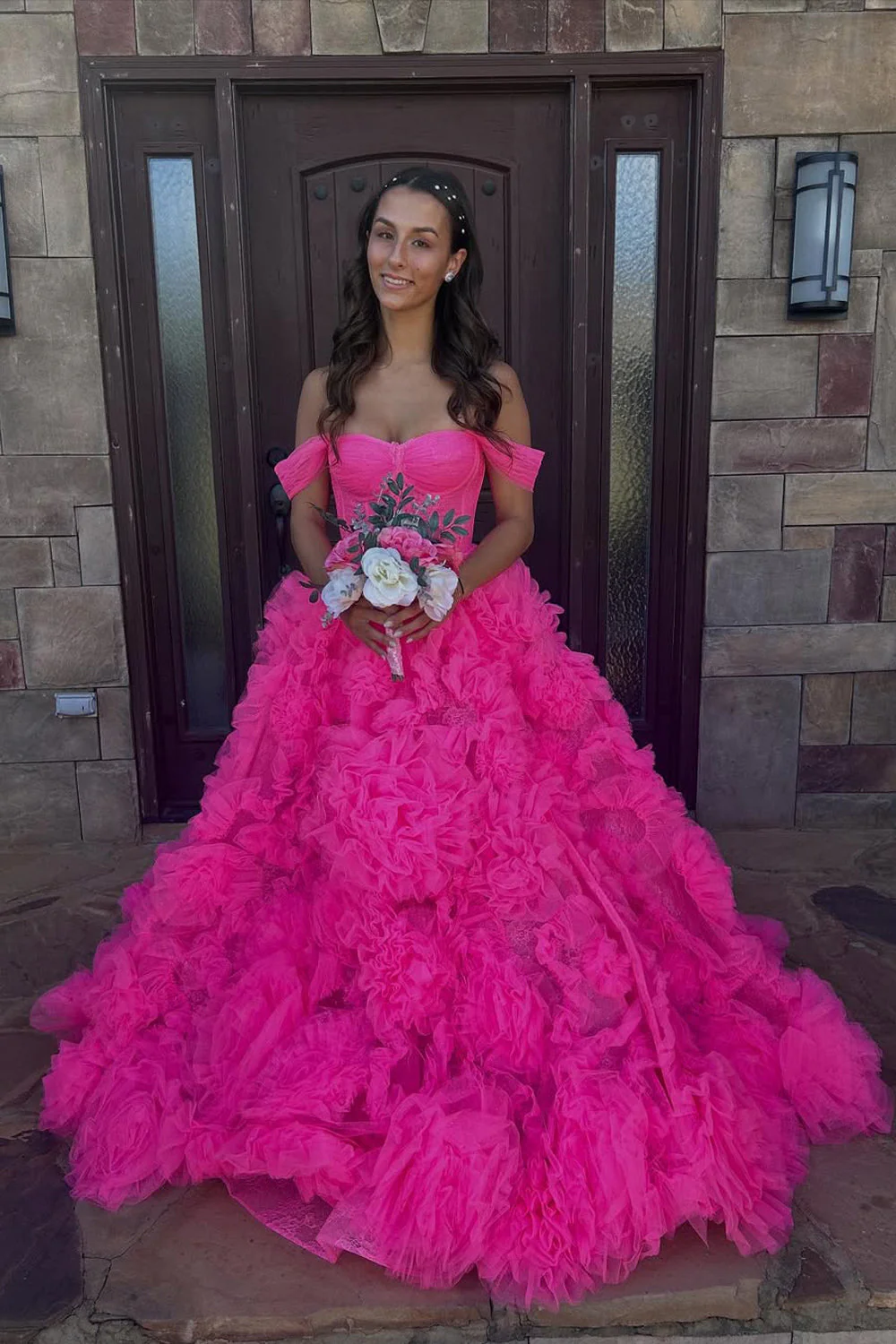 Gorgeous A Line Off the Shoulder Pink Tulle Tiered Prom Dress