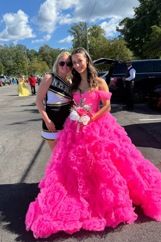 Gorgeous A Line Off the Shoulder Pink Tulle Tiered Prom Dress