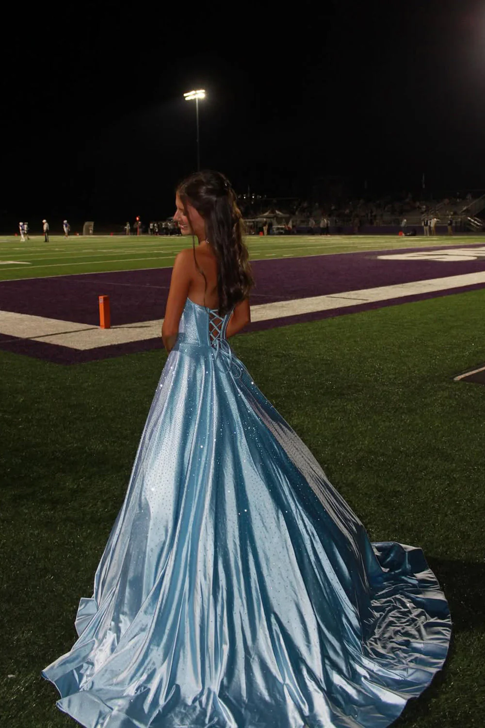 Gorgeous A Line Scoop Neck Light Blue Satin Long Prom Dress with Rhinestones