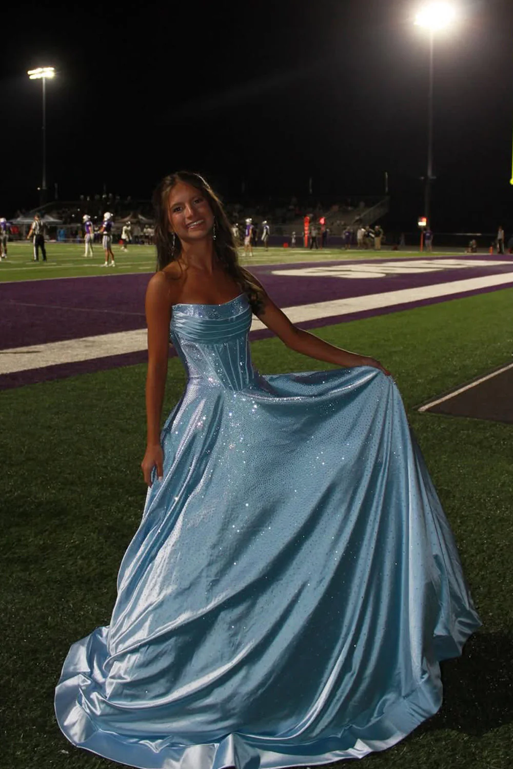 Gorgeous A Line Scoop Neck Light Blue Satin Long Prom Dress with Rhinestones