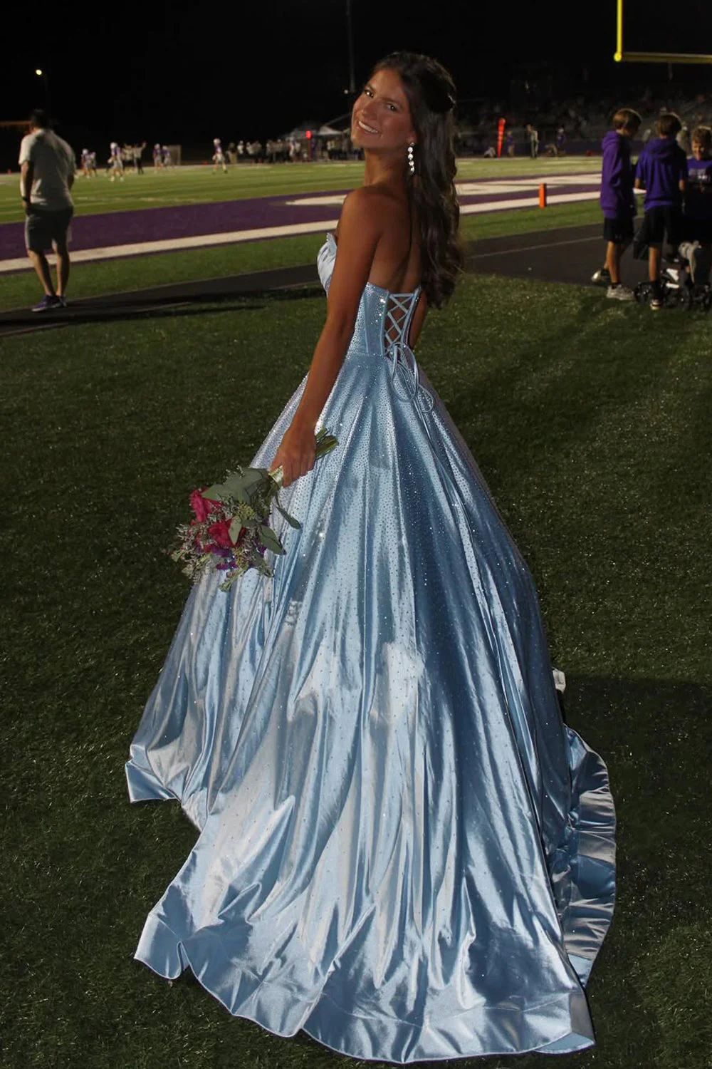 Gorgeous A Line Scoop Neck Light Blue Satin Long Prom Dress with Rhinestones