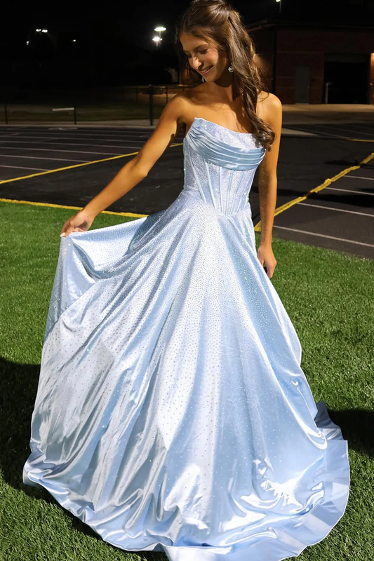 Gorgeous A Line Scoop Neck Light Blue Satin Long Prom Dress with Rhinestones