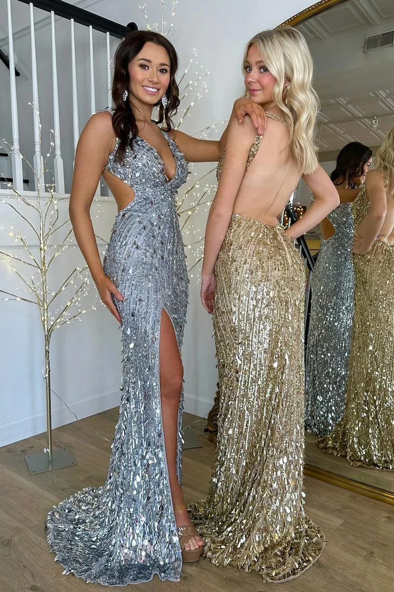 Gorgeous Gold Sequins Mermaid Long Prom Dresses with Slit with Beading
