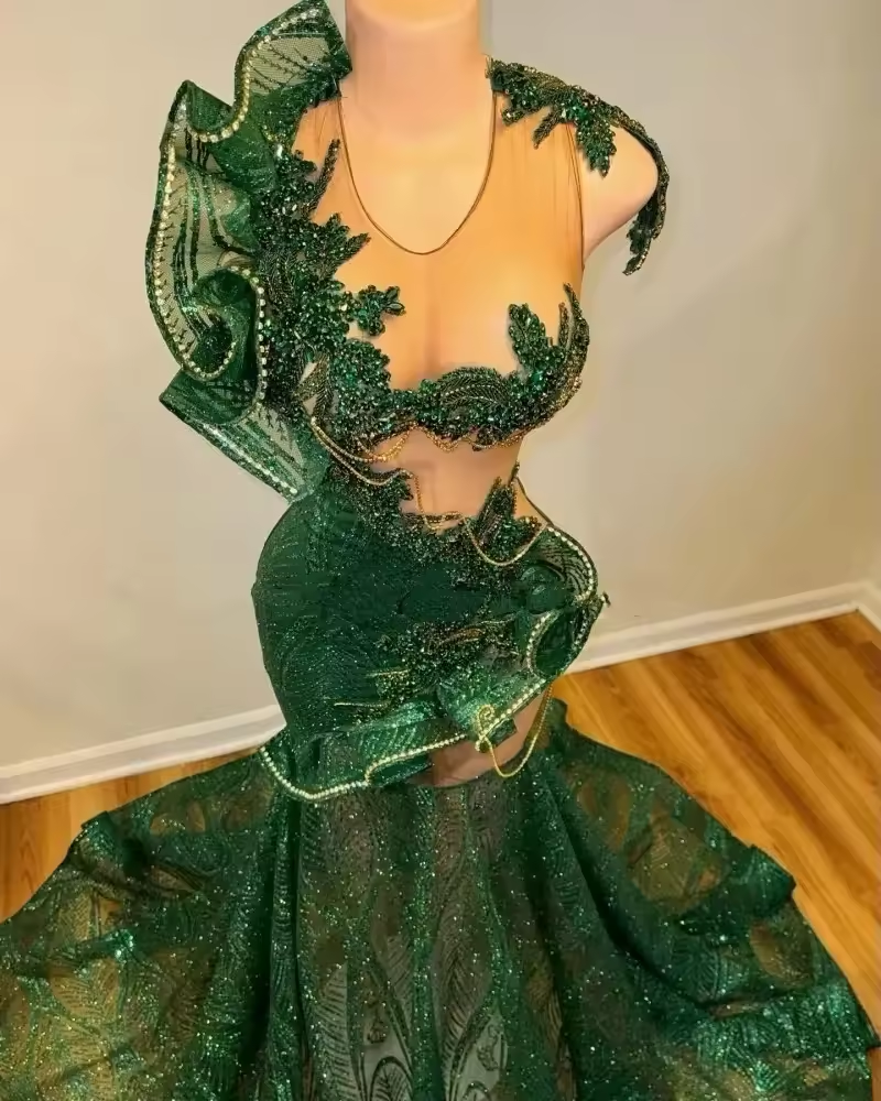 Green Sparkly Long Prom Dress For Black Girls Mermaid Sheer Lace Crystals Birthday Party Dresses Women Evening Gown Customized