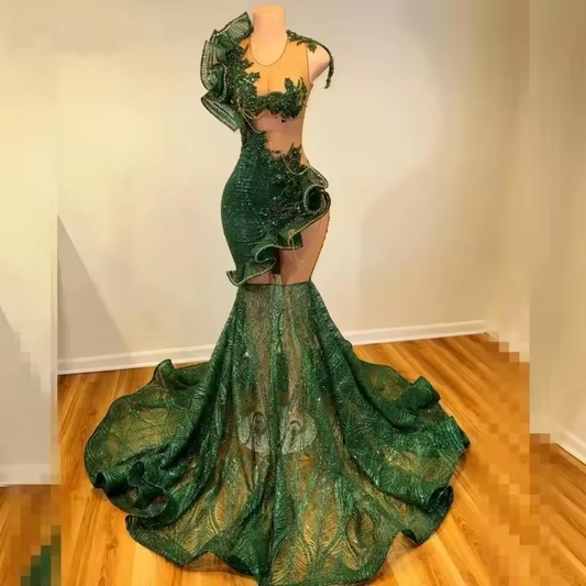 Green Sparkly Long Prom Dress For Black Girls Mermaid Sheer Lace Crystals Birthday Party Dresses Women Evening Gown Customized