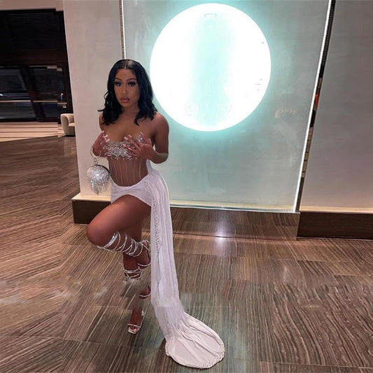 Sexy Party Dress Velvet Short Sheer Prom Dresses For Women Crystals Mini Gowns