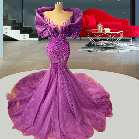 Gorgeous Beaded Mermaid Prom Dresses Purple Sheer Neck Ruched Cap Sleeve Evening Gowns Sweep Train Arabic Formal Party Dress