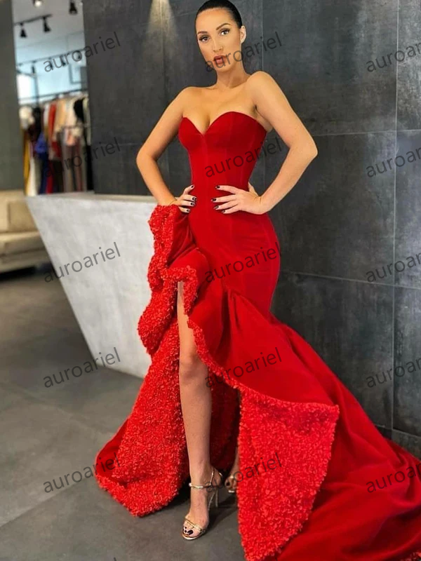 Red Mermaid Prom Dresses Ruffles Side Slit Sweetheart Formal Evening Gowns Vestido De Novia Special Occasion Dress