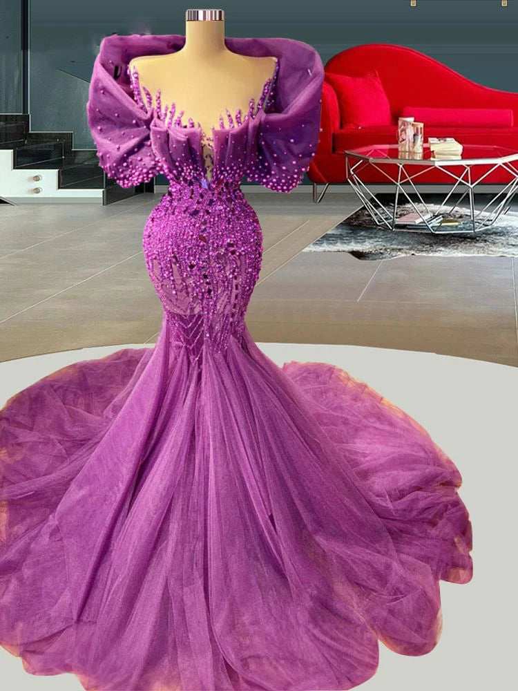 Gorgeous Beaded Mermaid Prom Dresses Purple Sheer Neck Ruched Cap Sleeve Evening Gowns Sweep Train Arabic Formal Party Dress