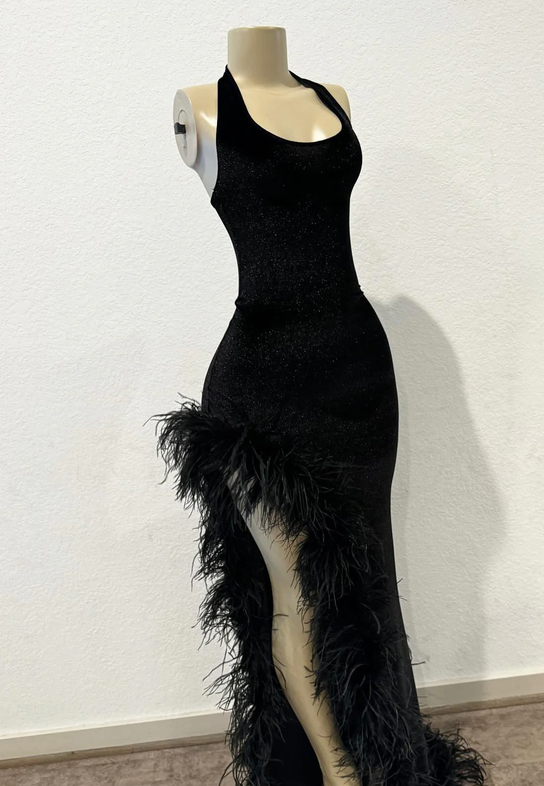 Halter Sleeveless Feathered Side Slit Mermaid Prom Dress for Black Girls