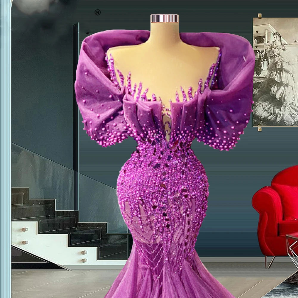Gorgeous Beaded Mermaid Prom Dresses Purple Sheer Neck Ruched Cap Sleeve Evening Gowns Sweep Train Arabic Formal Party Dress