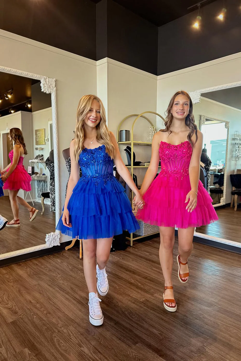 Hot Pink Strapless Tulle Tiered A-Line Short Homecoming Dress with Appliques